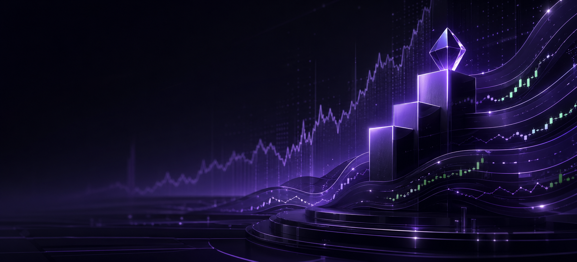 Abstract purple benchmark podium and market signal visualization for the Trading Boy leaderboard